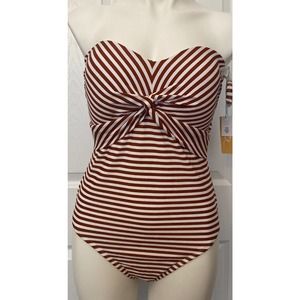 Kona Sol Twist Bandeau One Piece Swimsuit Size S (4-6) Striped Red & White